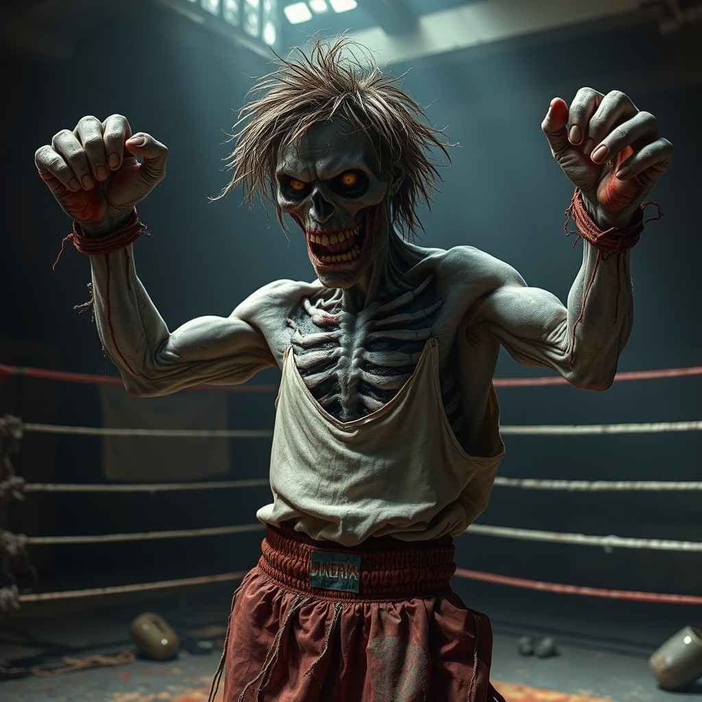 A menacing zombie boxer, with a decaying appearance and tattered boxing attire, standing in a gritty, dimly lit boxing ring