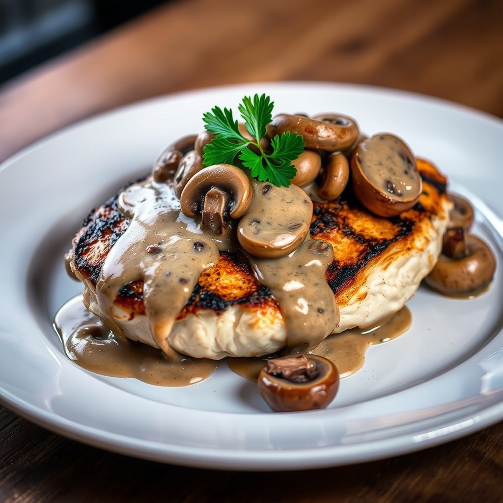 A mouthwatering presentation of a perfectly grilled chicken steak, beautifully browned and juicy, topped with a rich and creamy mushroom sauce that glistens