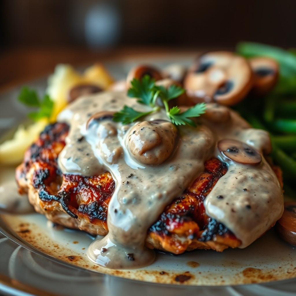 A beautifully captured real photo of a juicy grilled chicken steak topped with a luscious creamy mushroom sauce