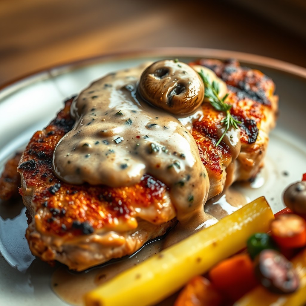 A captivating real photo of a perfectly grilled chicken steak, succulent and juicy, generously topped with a creamy mushroom sauce that glimmers invitingly