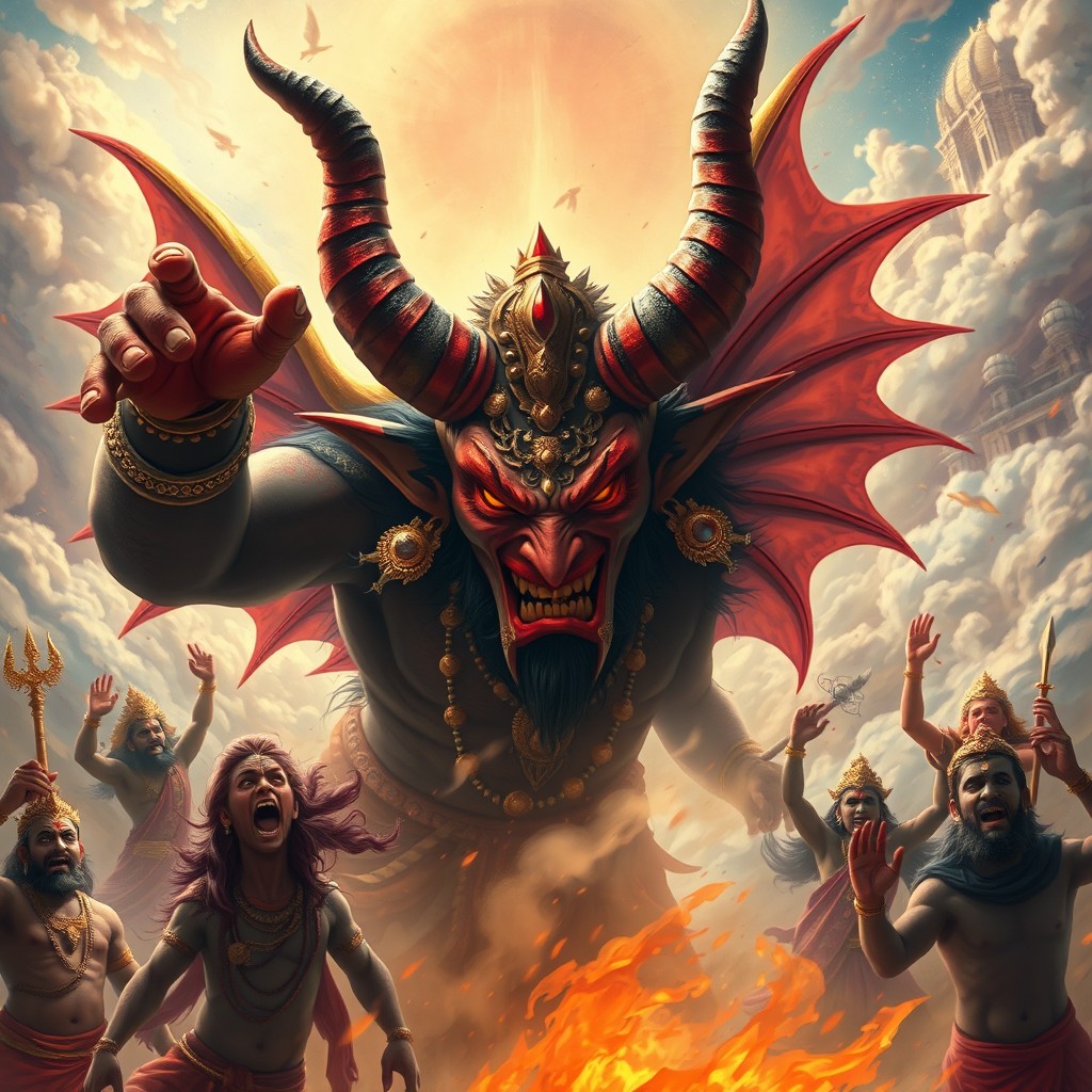 Daruk, a powerful demon from Hindu mythology, appears in the vibrant heavens, causing chaos and trouble for the devas (gods)