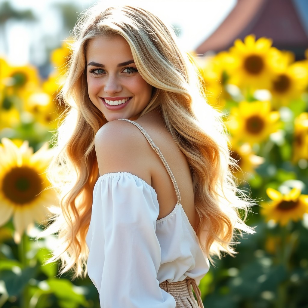 A cute blonde Dutch girl with long wavy hair, wearing a stylish outfit, looking playfully over her shoulder with a charming smile