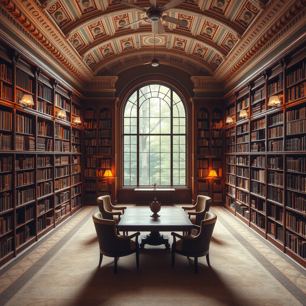 A serene and elegant library interior, showcasing tall wooden bookshelves filled with ancient books, warm ambient lighting casting soft shadows, a large wooden study table in the center surrounded by cozy armchairs, a grand window letting in natural light with a view of lush greenery outside, intricate architectural details on the ceiling, soft carpets on the floor, and a peaceful atmosphere that invites exploration and learning