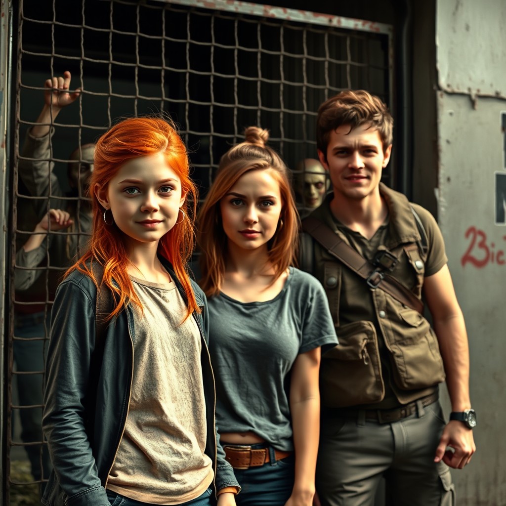 A vibrant scene featuring a 16-year-old girl with fiery red hair, exuding a strong personality, standing confidently next to her friend