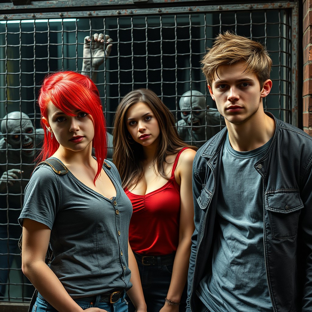 A striking scene featuring a 16-year-old girl with bright red hair, showcasing her unique style and confidence, standing next to her friend, a stylish young woman