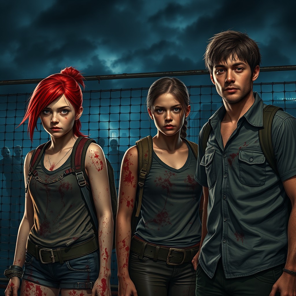 A dramatic scene featuring a 16-year-old girl with vibrant red hair, looking fierce and determined, standing next to her friend, who has a similarly adventurous appearance