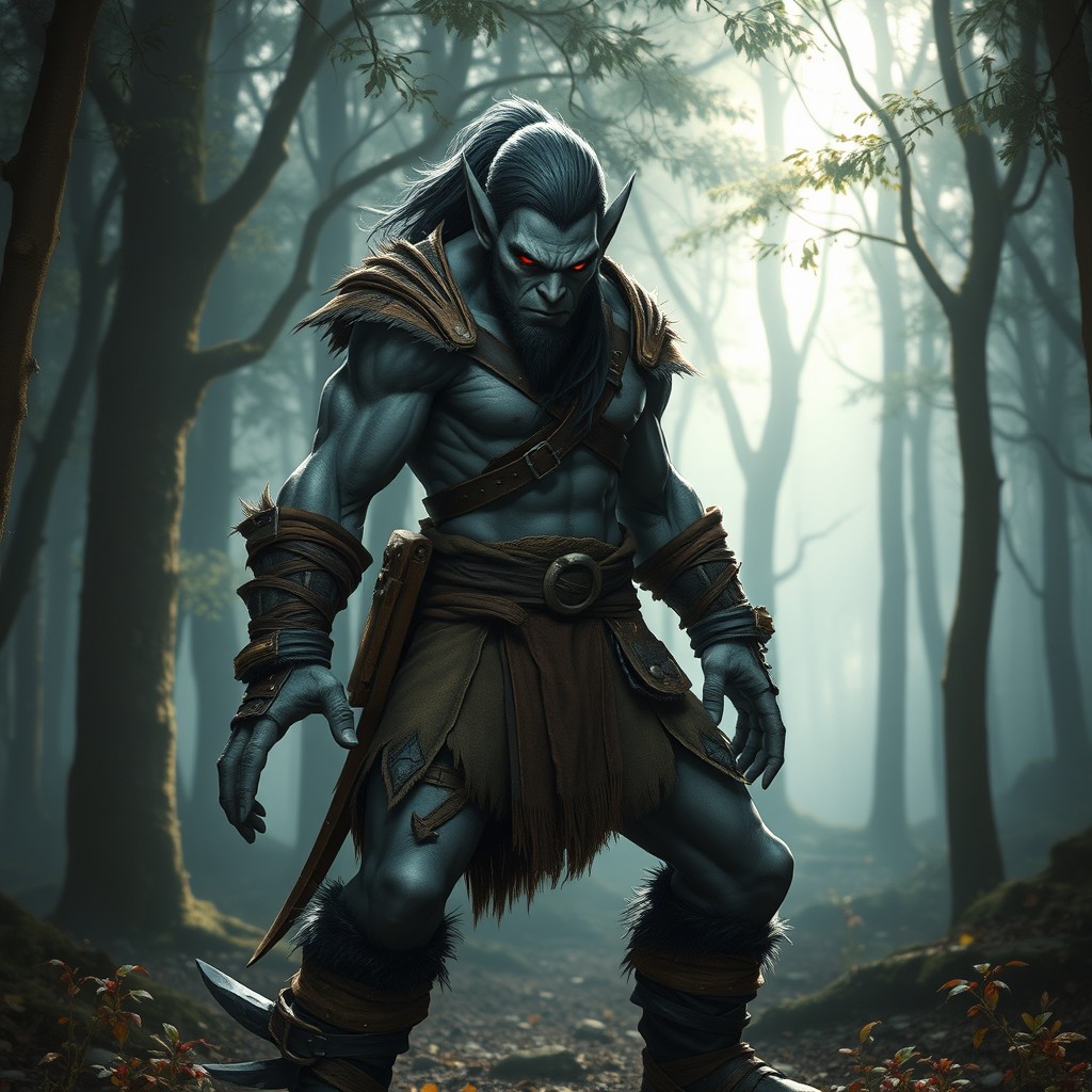 A half-orc character standing in a dynamic pose, depicting an androgynous figure with 180 cm height and weighing about 70 kg