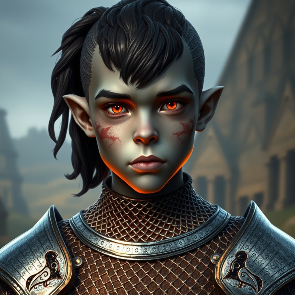 A young half-orc character standing at 180 cm tall and weighing 70 kg, with striking red eyes and grayish skin