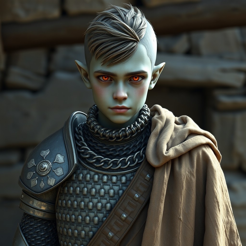A young half-orc character standing at 180 cm tall and weighing 70 kg, with captivating red eyes and grayish skin