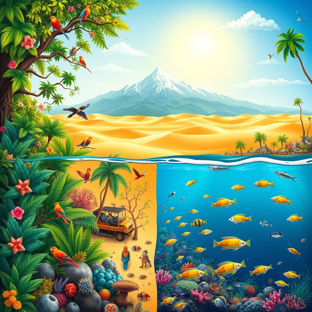 A vibrant and diverse illustration showcasing various habitats around the world