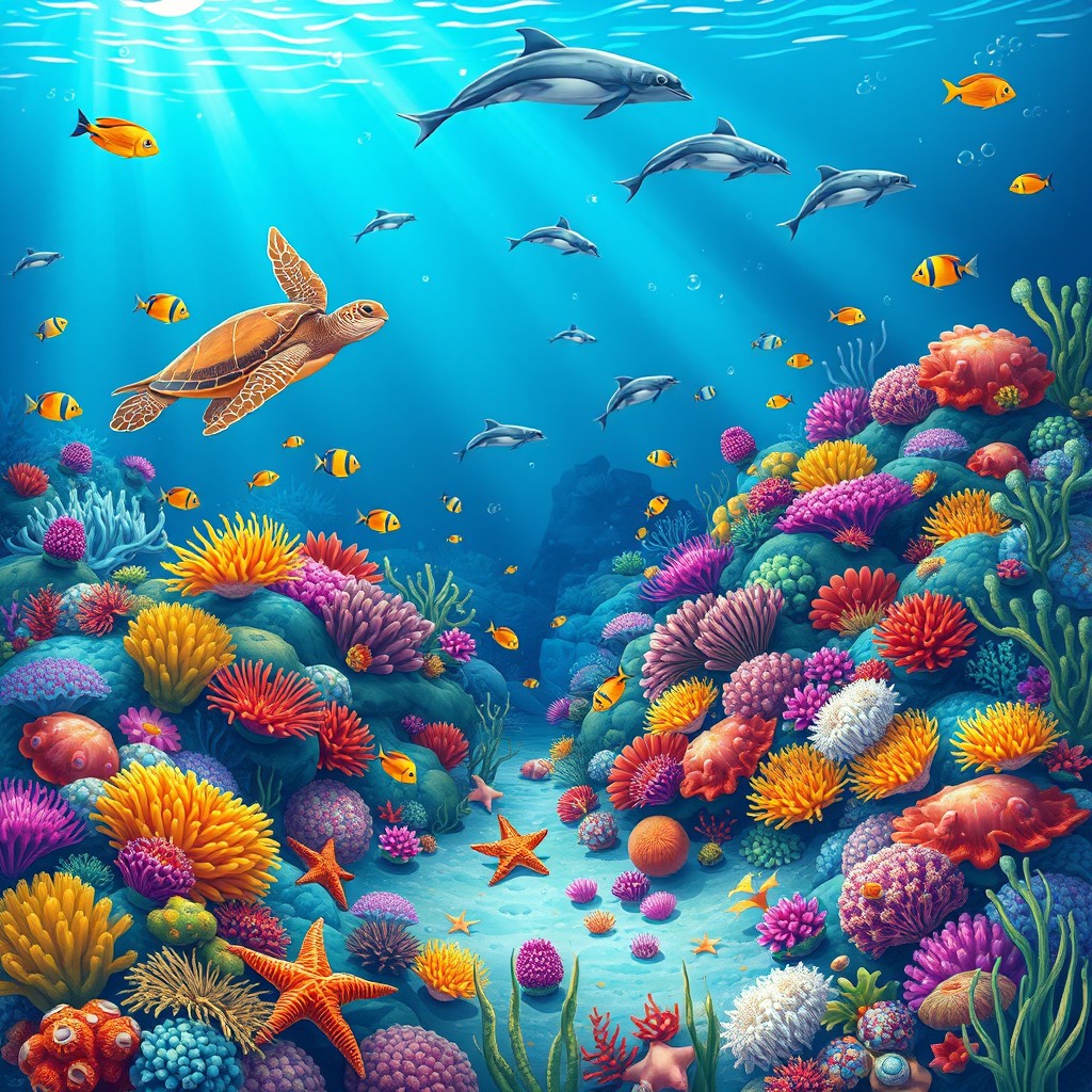 A captivating underwater sea habitat illustration showcasing a vibrant coral reef filled with diverse marine life