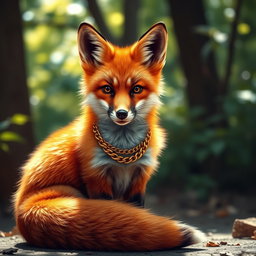 A sleek and elegant fox with a rich, russet coat, sitting proudly with its bushy tail curled around its paws