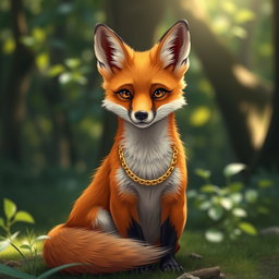 A sleek and elegant fox with a rich, russet coat, sitting proudly with its bushy tail curled around its paws