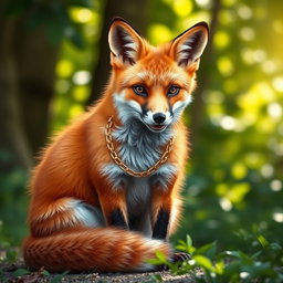 A sleek and elegant fox with a rich, russet coat, sitting proudly with its bushy tail curled around its paws