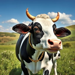 A charming and friendly cow standing gently in a lush green meadow, adorned with a shiny golden chain around its neck, which sparkles in the sunlight