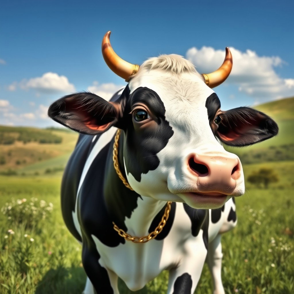 A charming and friendly cow standing gently in a lush green meadow, adorned with a shiny golden chain around its neck, which sparkles in the sunlight