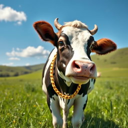 A charming and friendly cow standing gently in a lush green meadow, adorned with a shiny golden chain around its neck, which sparkles in the sunlight