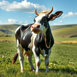 A charming and friendly cow standing gently in a lush green meadow, adorned with a shiny golden chain around its neck, which sparkles in the sunlight