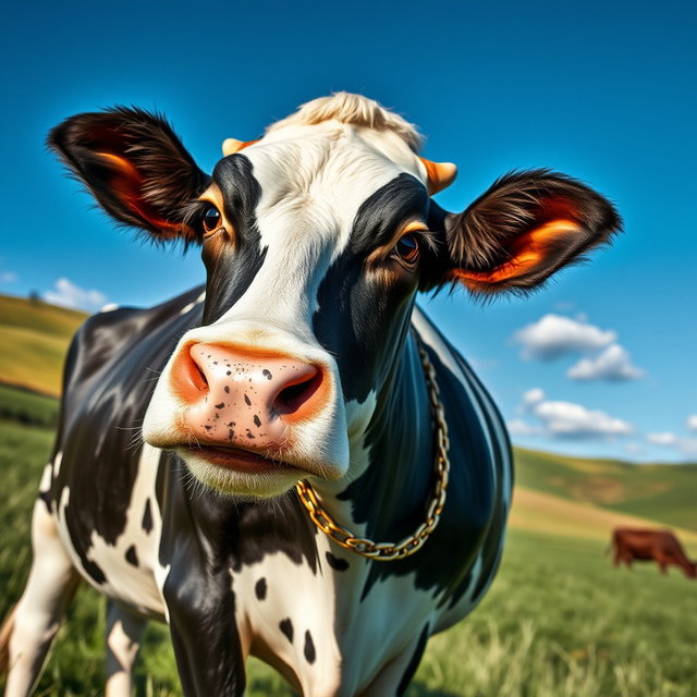 A charming and friendly cow standing gently in a lush green meadow, adorned with a shiny golden chain around its neck, which sparkles in the sunlight