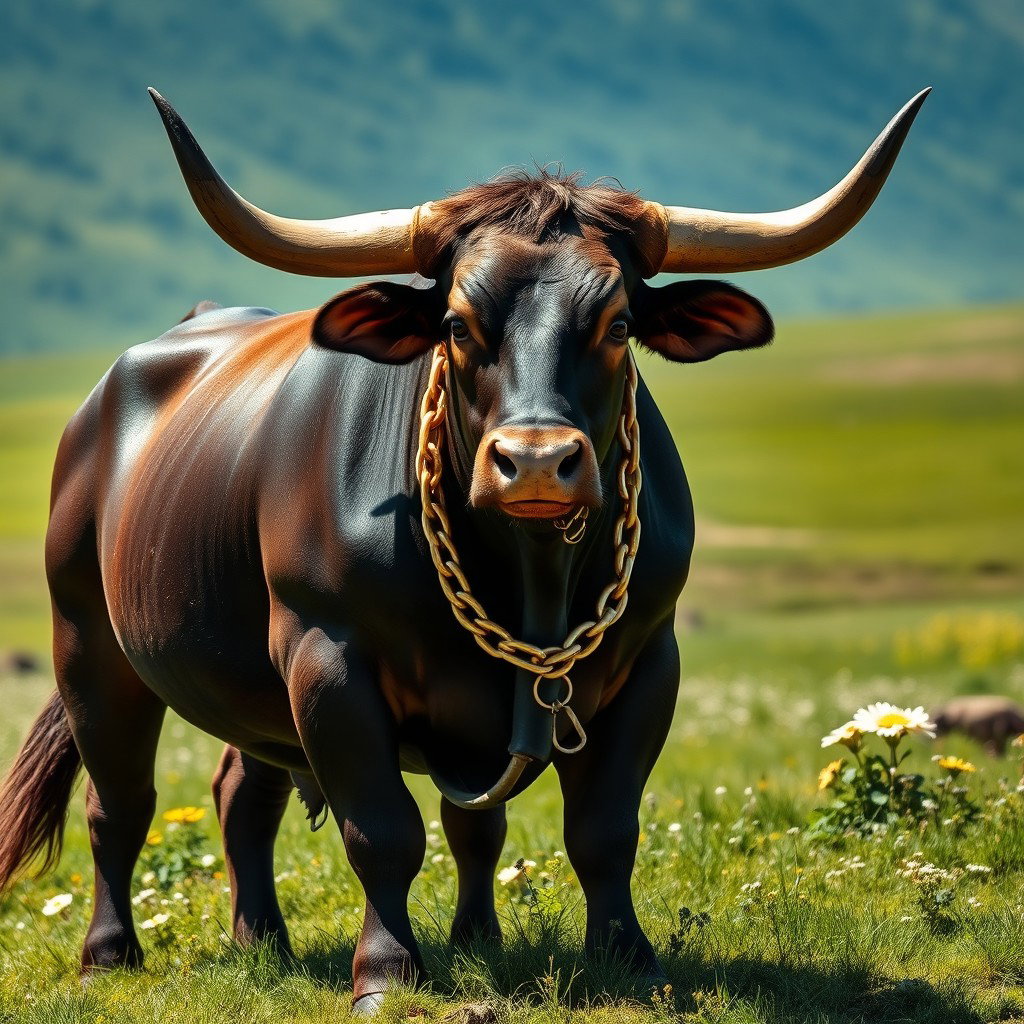A muscular and powerful bull standing majestically in a sunlit pasture, adorned with a striking golden chain around its thick neck that glimmers in the sunlight