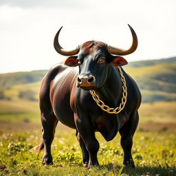 A muscular and powerful bull standing majestically in a sunlit pasture, adorned with a striking golden chain around its thick neck that glimmers in the sunlight