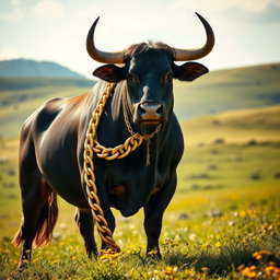 A muscular and powerful bull standing majestically in a sunlit pasture, adorned with a striking golden chain around its thick neck that glimmers in the sunlight