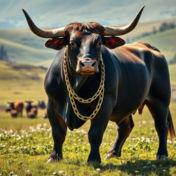 A muscular and powerful bull standing majestically in a sunlit pasture, adorned with a striking golden chain around its thick neck that glimmers in the sunlight
