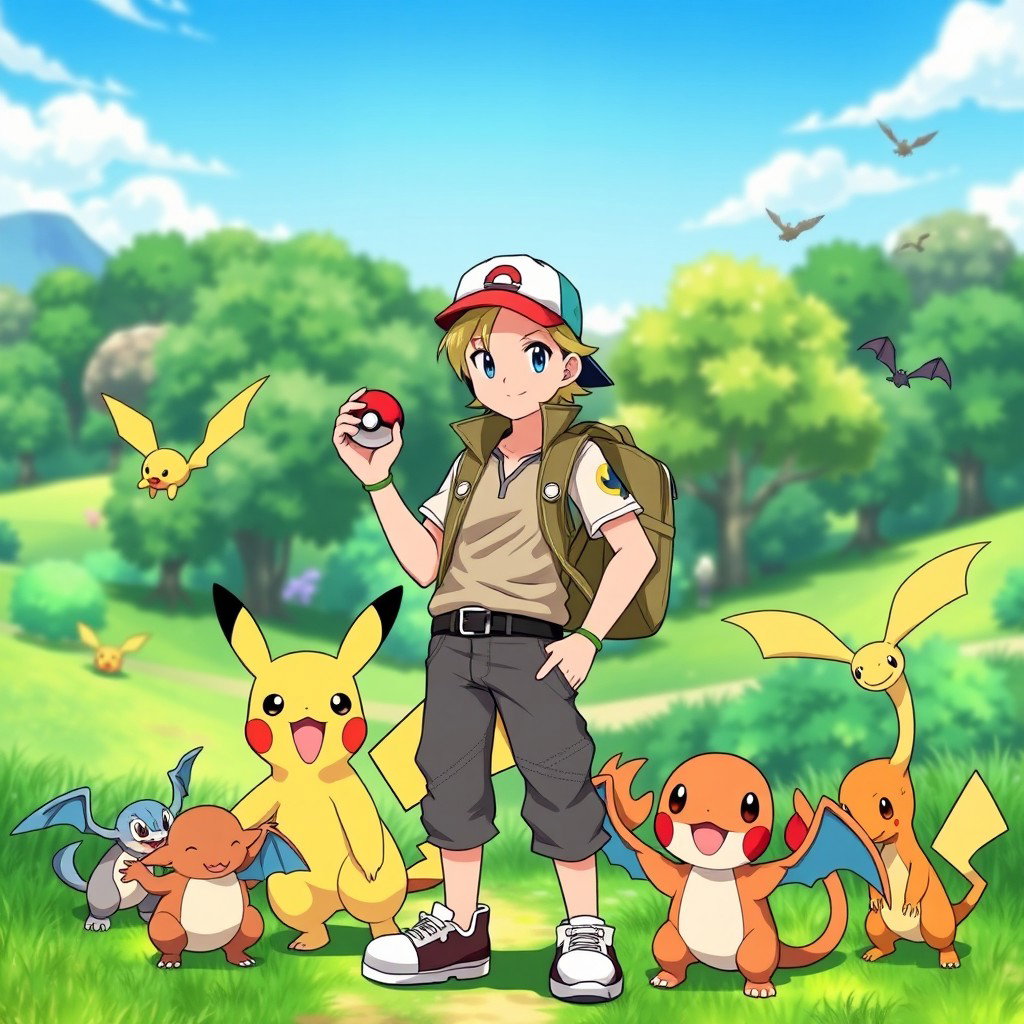 A young blonde male Pokémon trainer standing confidently in a vibrant, colorful Pokémon world