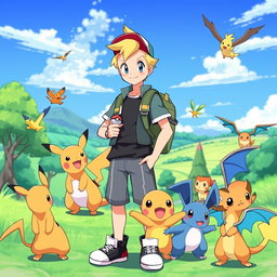 A young blonde male Pokémon trainer standing confidently in a vibrant, colorful Pokémon world
