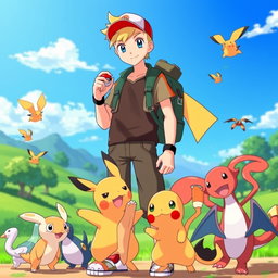 A young blonde male Pokémon trainer standing confidently in a vibrant, colorful Pokémon world