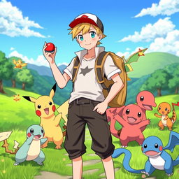 A young blonde male Pokémon trainer standing confidently in a vibrant, colorful Pokémon world