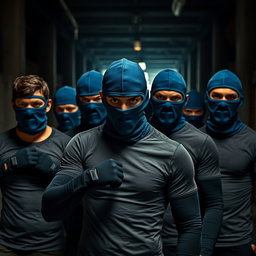 A group of young men with a fierce and focused demeanor, wearing blue balaclavas that cover their faces, conveying a sense of anonymity and mystery