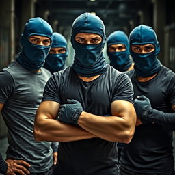 A group of young men with a fierce and focused demeanor, wearing blue balaclavas that cover their faces, conveying a sense of anonymity and mystery