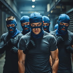 A group of young men with a fierce and focused demeanor, wearing blue balaclavas that cover their faces, conveying a sense of anonymity and mystery