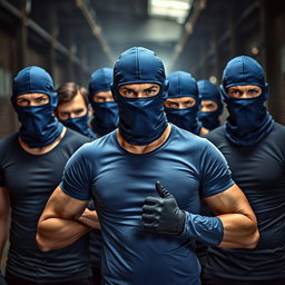 A group of young men with a fierce and focused demeanor, wearing blue balaclavas that cover their faces, conveying a sense of anonymity and mystery