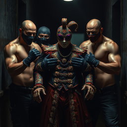 A tense scene depicting a group of shirtless male thieves, their muscular physiques highlighted under dim lighting