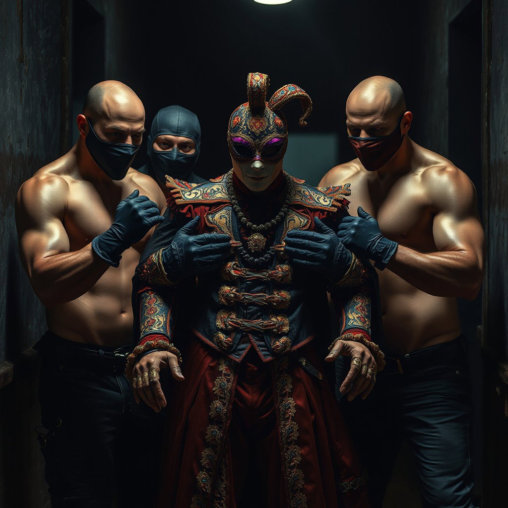 A tense scene depicting a group of shirtless male thieves, their muscular physiques highlighted under dim lighting