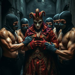 A tense scene depicting a group of shirtless male thieves, their muscular physiques highlighted under dim lighting