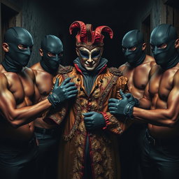 A tense scene depicting a group of shirtless male thieves, their muscular physiques highlighted under dim lighting