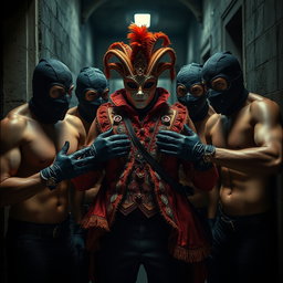 A tense scene depicting a group of shirtless male thieves, their muscular physiques highlighted under dim lighting