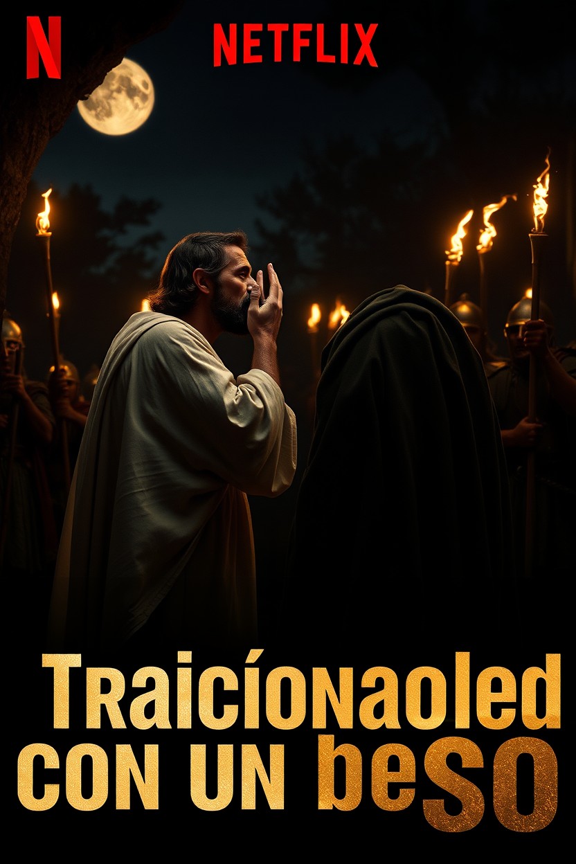 A dramatic cinematic vertical poster set in the Garden of Gethsemane at night, illuminated by the soft glow of the moon and flickering torchlight