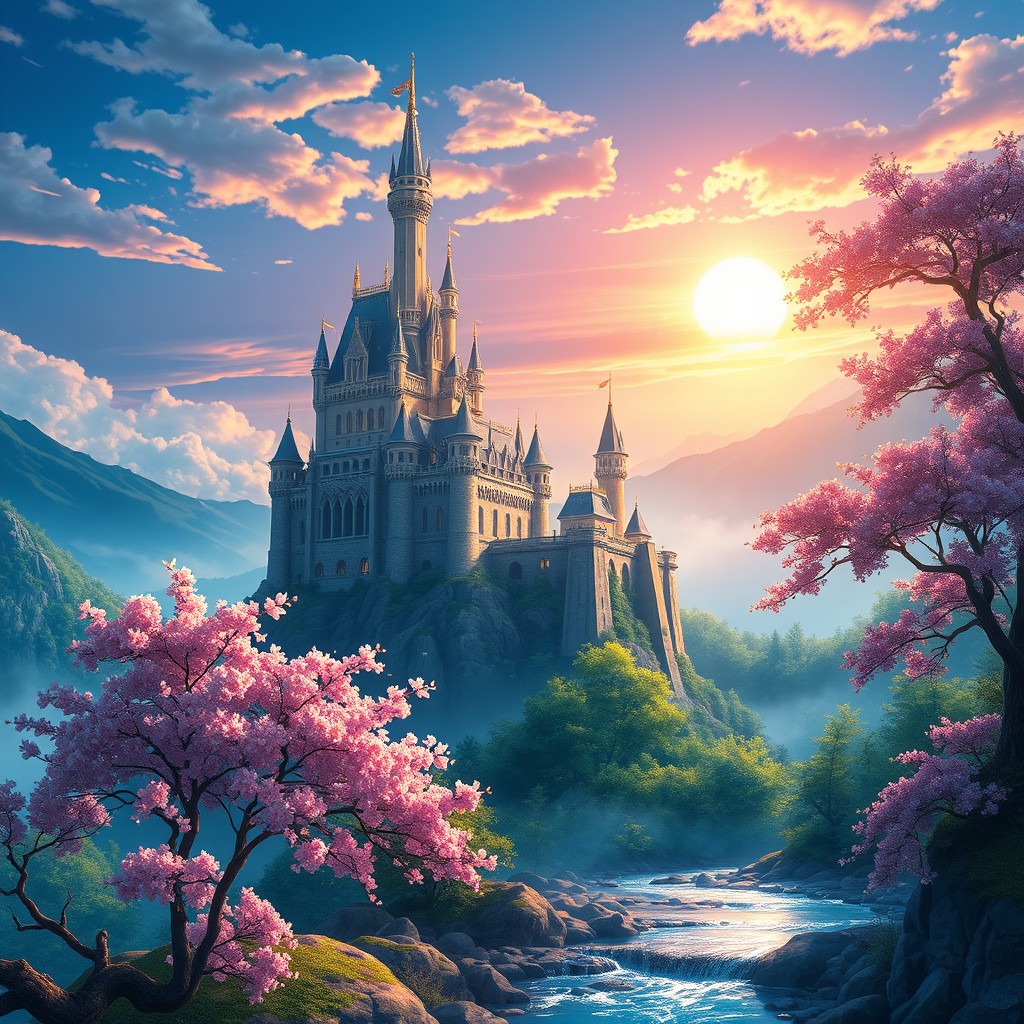 A majestic anime-inspired castle perched high atop a misty mountain peak, surrounded by lush green forests and a serene blue sky