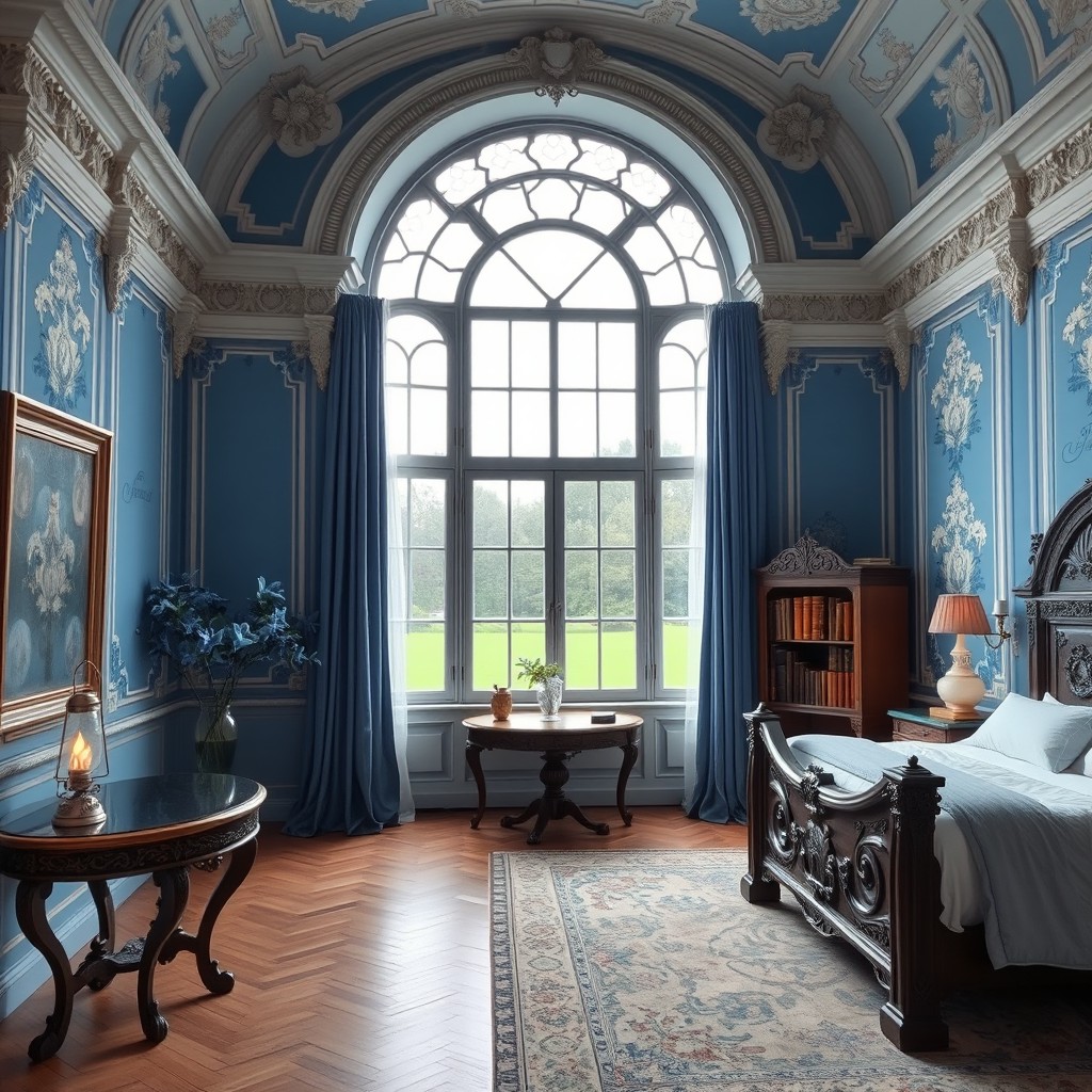 A beautiful baroque-style room in a castle, featuring a large arched panoramic window with floor-length curtains