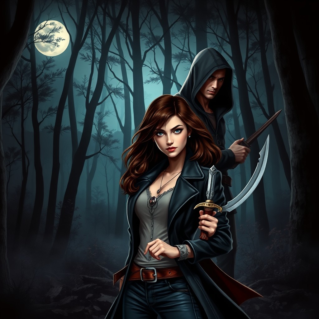 A book cover design depicting a scene in a dark, mysterious forest