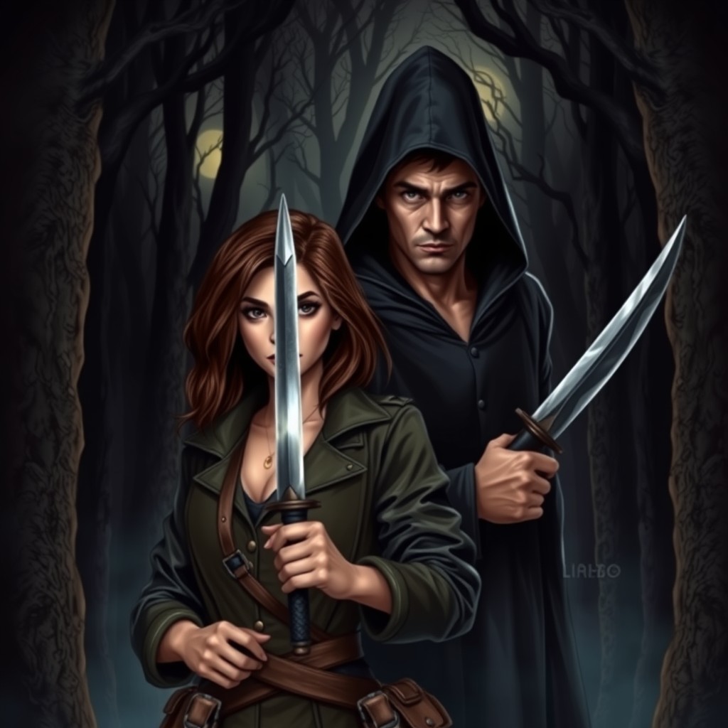 A book cover design featuring a serious and realistic scene set in a dark, shadowy forest