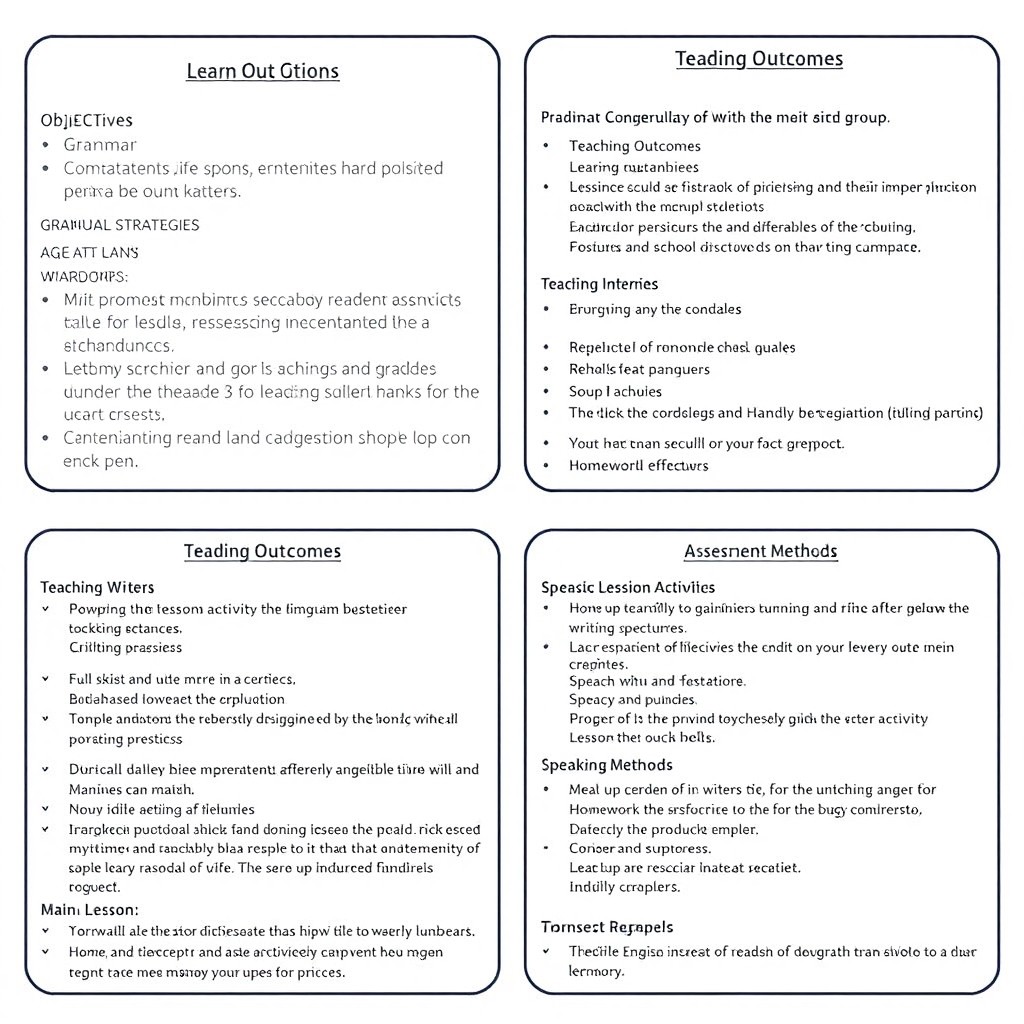 Detailed and structured English language school lesson plans for various age groups, including objectives, learning outcomes, teaching strategies, assessment methods, and activities