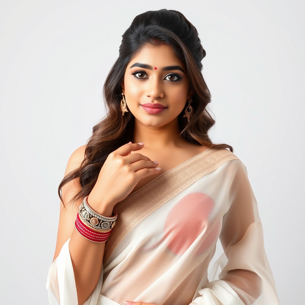 A beautiful young Indian woman, Shuhani Shah, aged approximately 18-21 years, featuring an elegant Indian hairstyle with brown hair