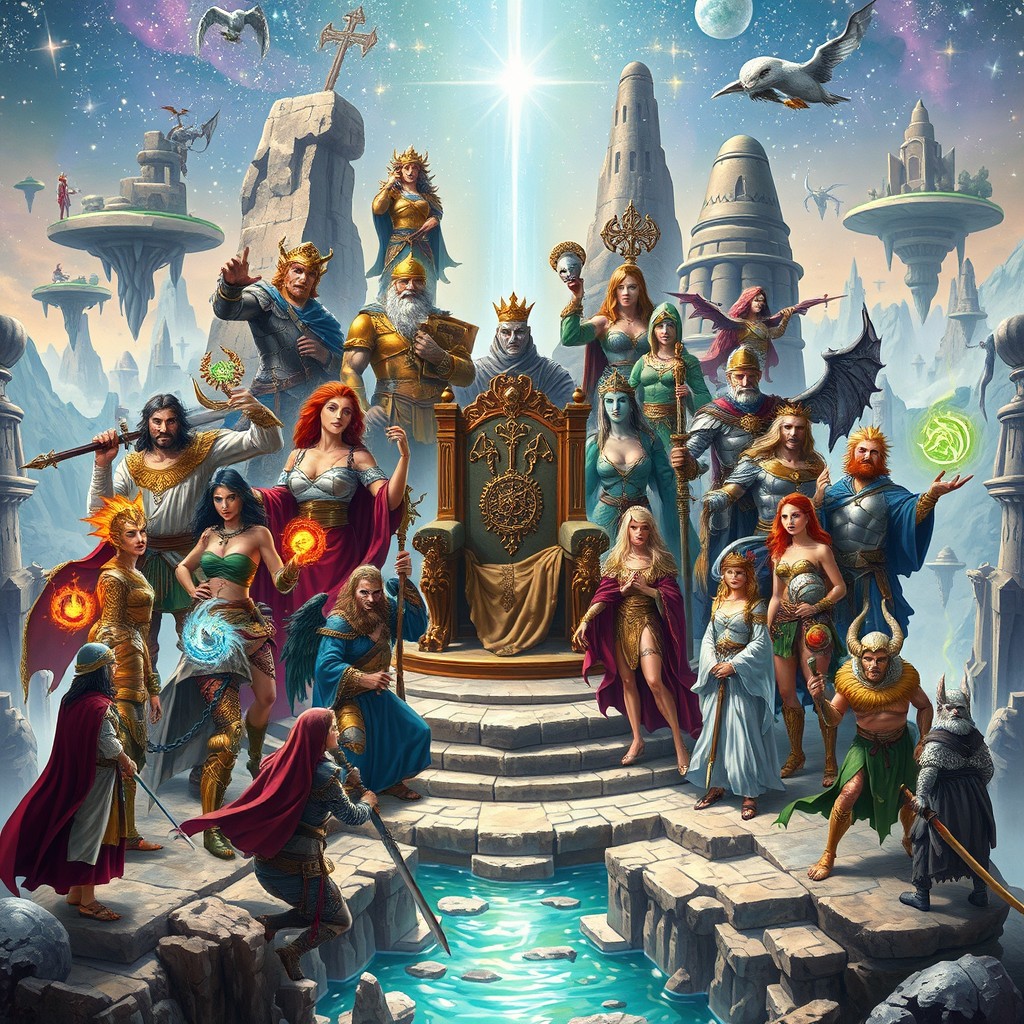 An intricate fantasy illustration depicting the pantheon of gods in a Dungeons & Dragons world, featuring a diverse array of deities representing various domains such as war, magic, nature, and trickery