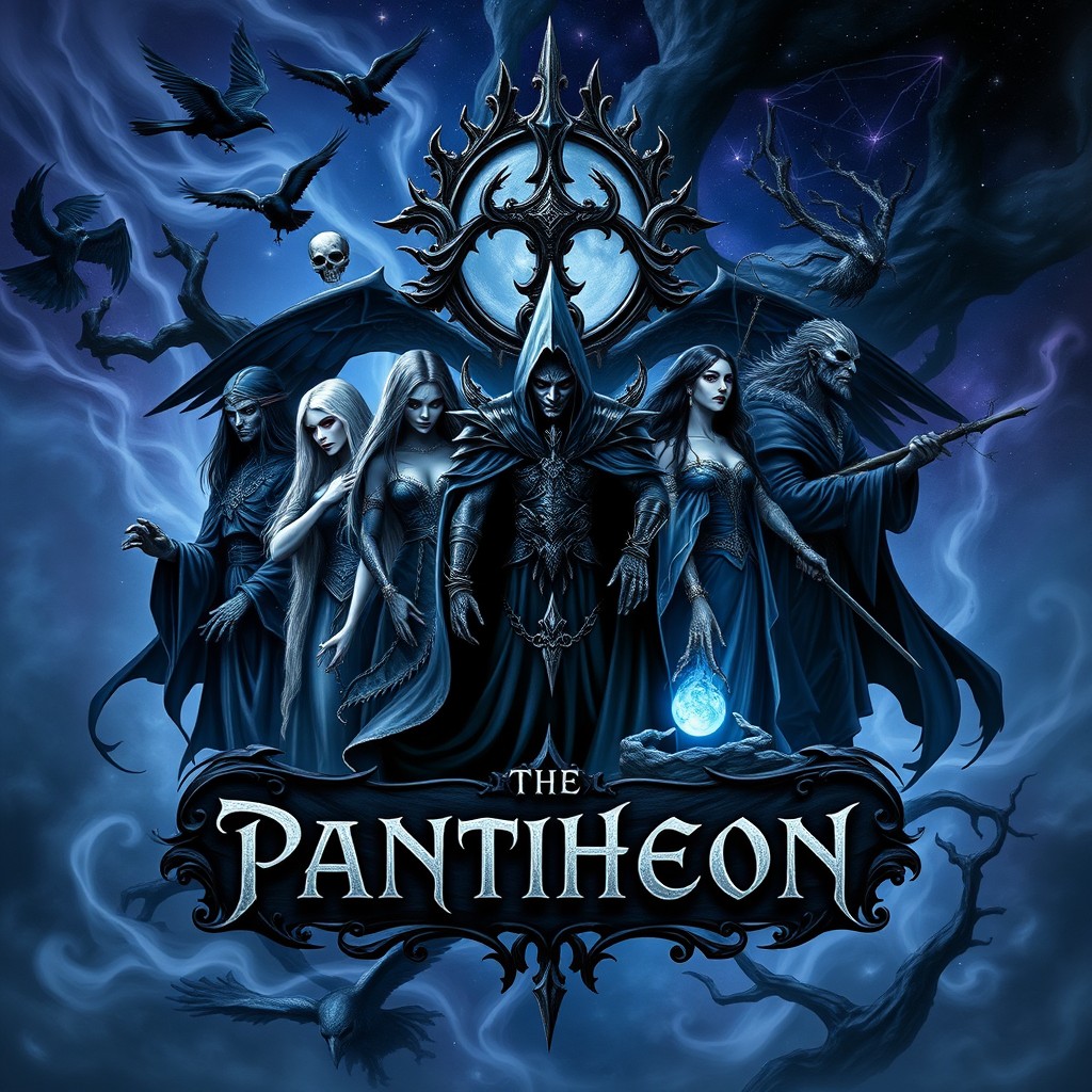A beautifully crafted banner representing a pantheon of gods in a dark fantasy Dungeons & Dragons world, featuring a blend of light and shadow