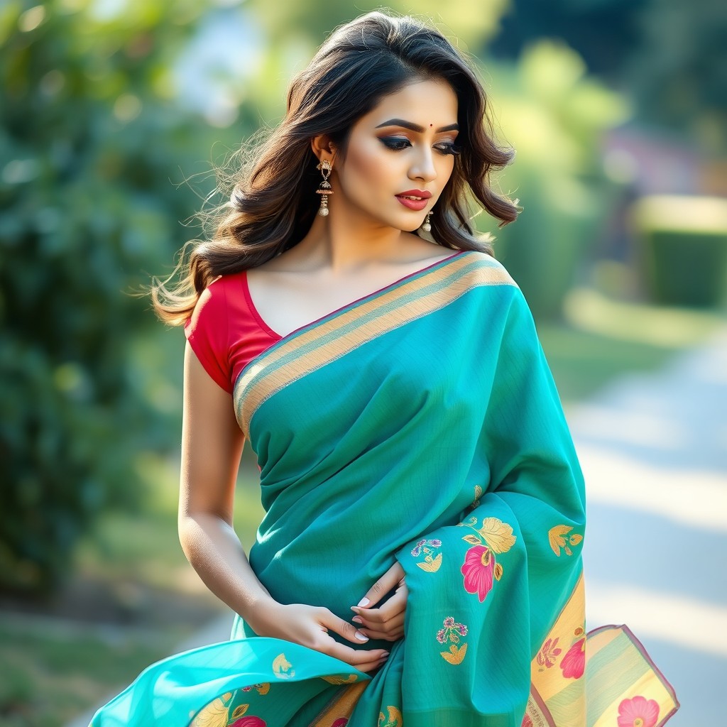 A beautiful woman wearing a traditional saree, the fabric flowing elegantly around her